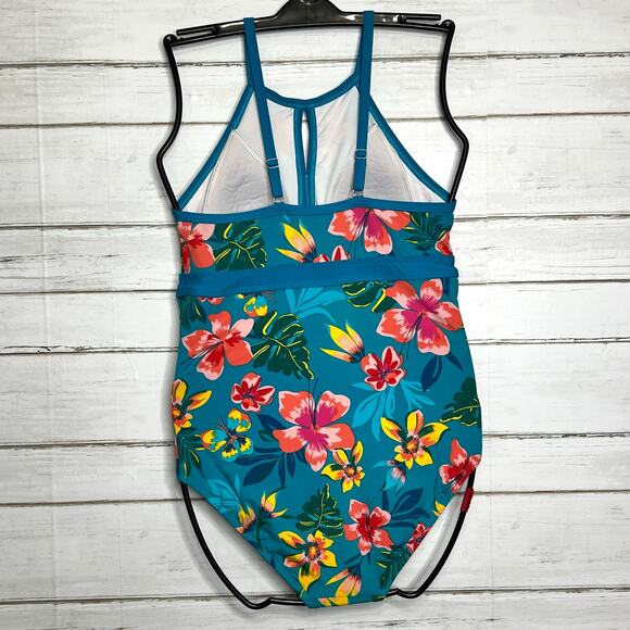 Lands' End High Neck Keyhole One Piece Blue Floral Swimsuit Size 10 - Picture 3 of 11